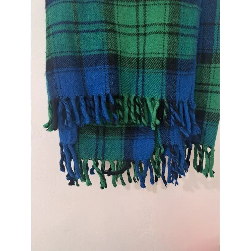 Faribault fluff Loomed wool square winter blanket green plaid watch tartan